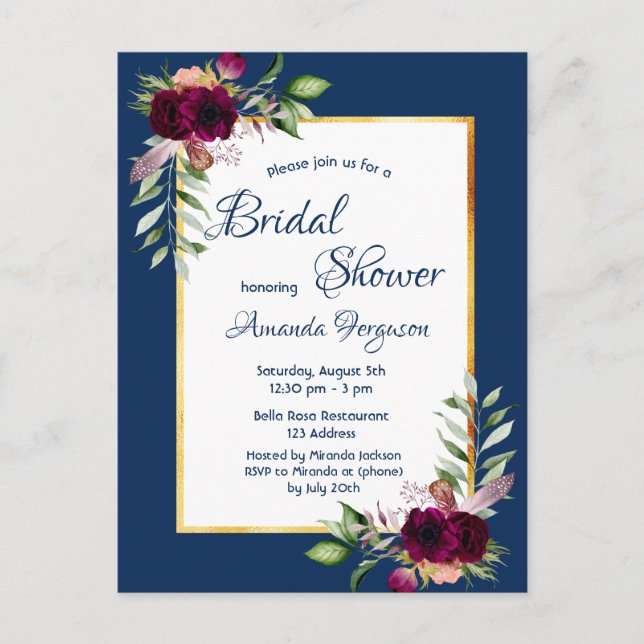 Burgundy florals navy blue gold boho bridal shower postcard (Front)