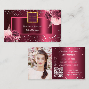 Burgundy florals photo logo QR code Business Card