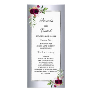 Burgundy florals silver wedding program