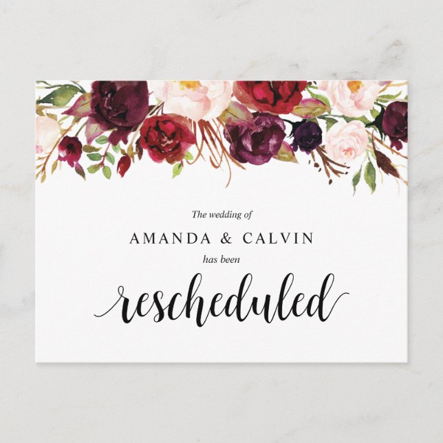 Burgundy Florals Wedding Elopement Rescheduled Postcard (Front)
