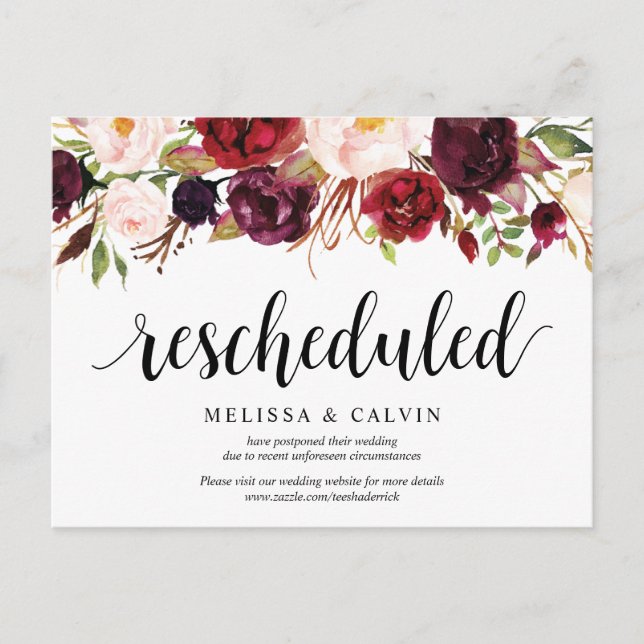 Burgundy Florals, Wedding new plan Postponed Postcard (Front)