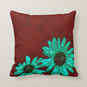 Burgundy Florescent Turquoise Flowers Throw Pillow