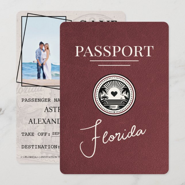 Burgundy Florida Passport Save The Date (Front/Back)