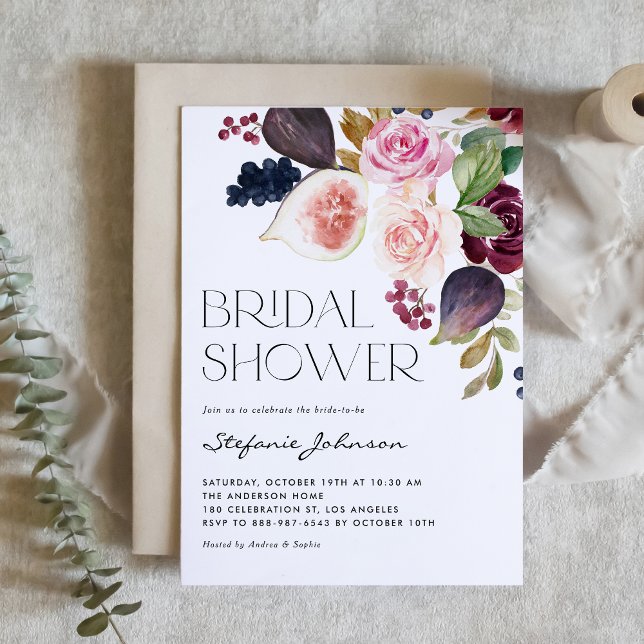 Burgundy Flower and Fig QR Code Bridal Shower Invitation (Watercolor floral bridal shower QR code invitation with watercolor figs, berries & burgundy flowers.)
