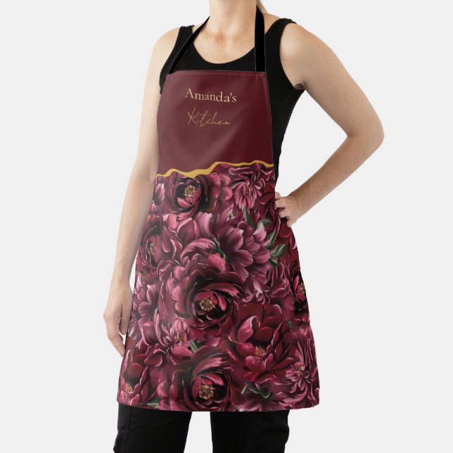 Burgundy Flower Elegance with Gold Accent Apron (Insitu)