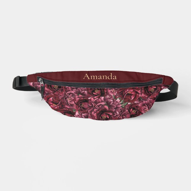 Burgundy Flower Elegance with Gold Accent Fanny Pack (Front)
