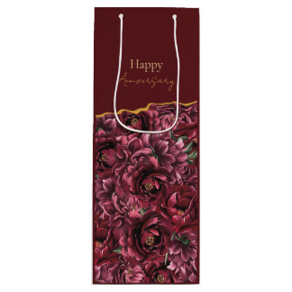 Burgundy Flower Elegance with Gold Accent Wine Gift Bag