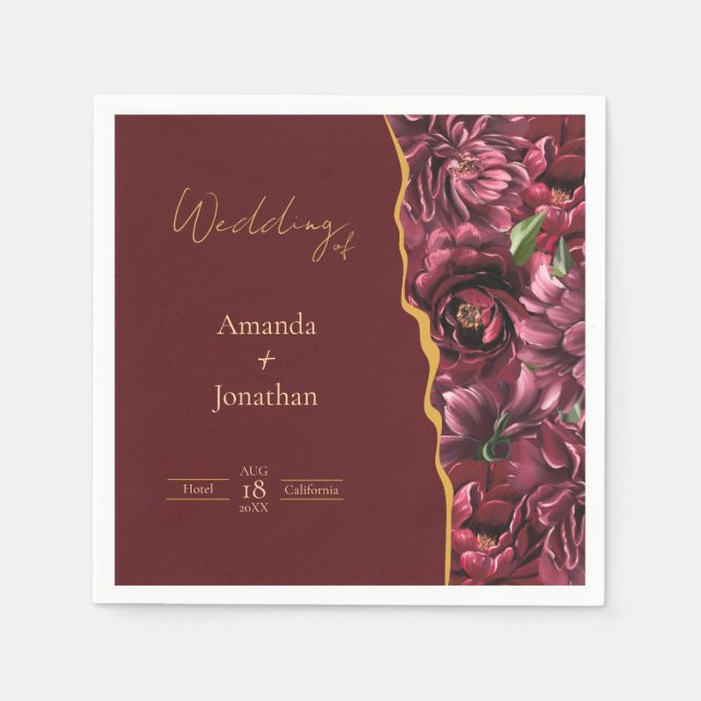 Burgundy Flower Elegance with Gold Accents Wedding Napkin (Front)