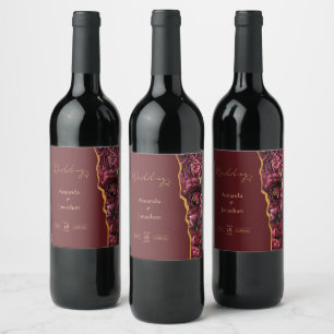 Burgundy Flower Elegance with Gold Accents Wedding Wine Label