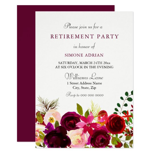 Burgundy Flower Floral Elegant Retirement Party Invitation | Zazzle.ca