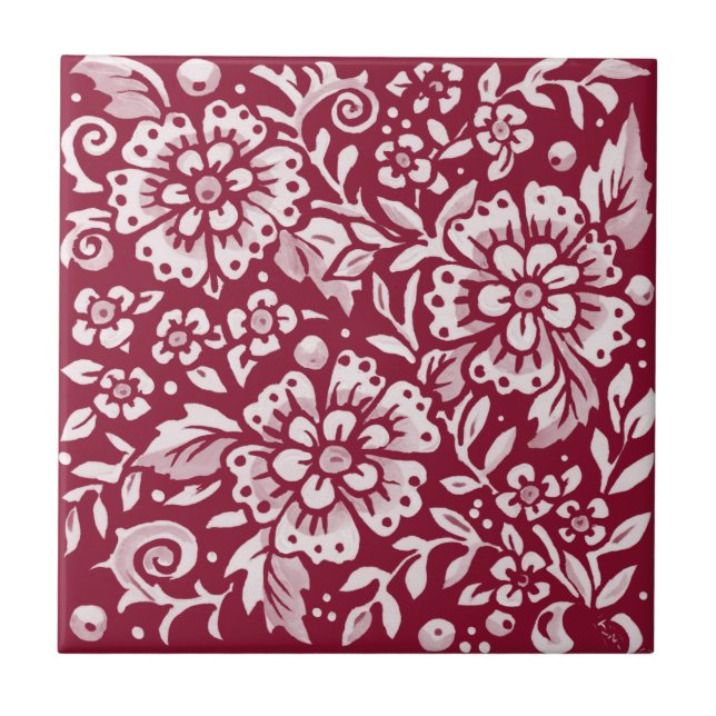 Burgundy Flower Floral Leaf Woodland Pattern Tile (Front)