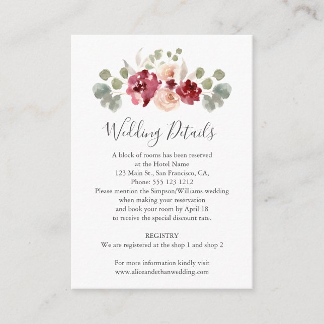 Burgundy Flower Greenery Wedding Details Enclosure Card (Front)