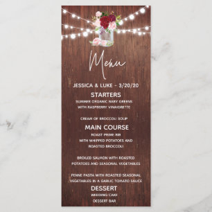 Burgundy Flower Mason Jar Wood Wedding Lights Menu