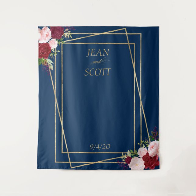 Burgundy Flower Navy Gold Frame Blush Pink Tapestry (Front)