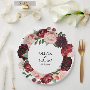 Burgundy Flower Wedding Personalized Paper Plate