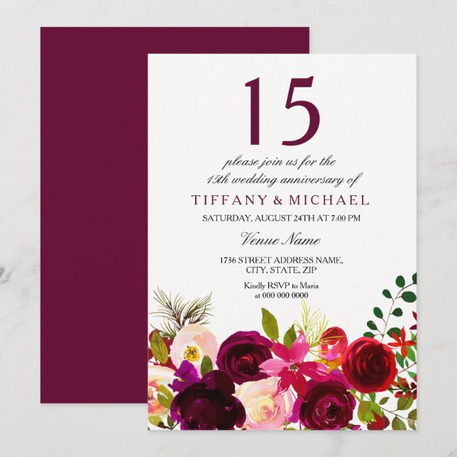 Burgundy Flowers 15th Wedding Anniversary Invite (Front/Back)