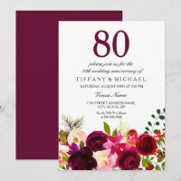 Burgundy Flowers 80th Wedding Anniversary Invite