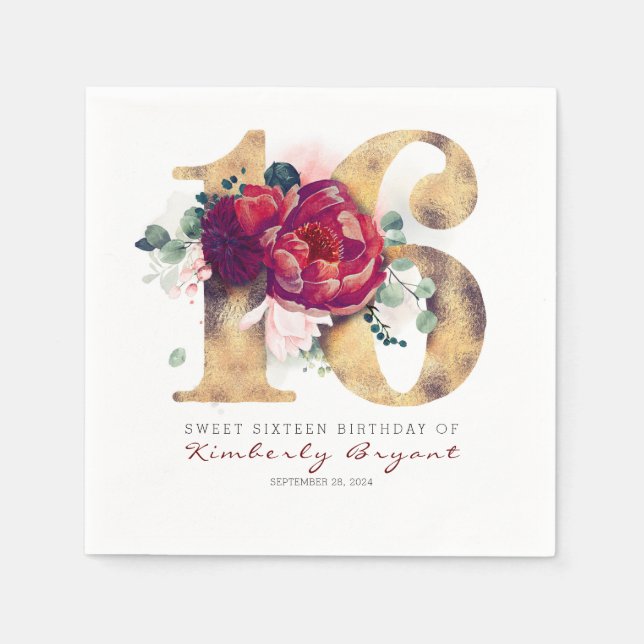 Burgundy Flowers and Gold Typography 16th Birthday Napkin (Front)