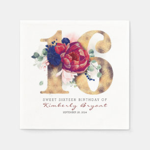 Burgundy Flowers and Gold Typography 16th Birthday Napkin