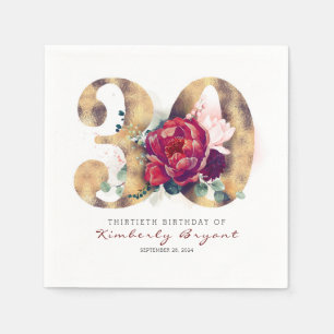 Burgundy Flowers and Gold Typography 30th Birthday Napkin