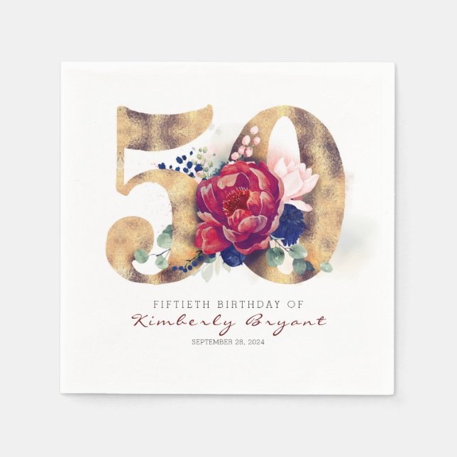 Burgundy Flowers and Gold Typography 50th Birthday Napkin (Front)