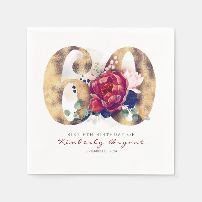 Burgundy Flowers and Gold Typography 60th Birthday Napkin (Front)