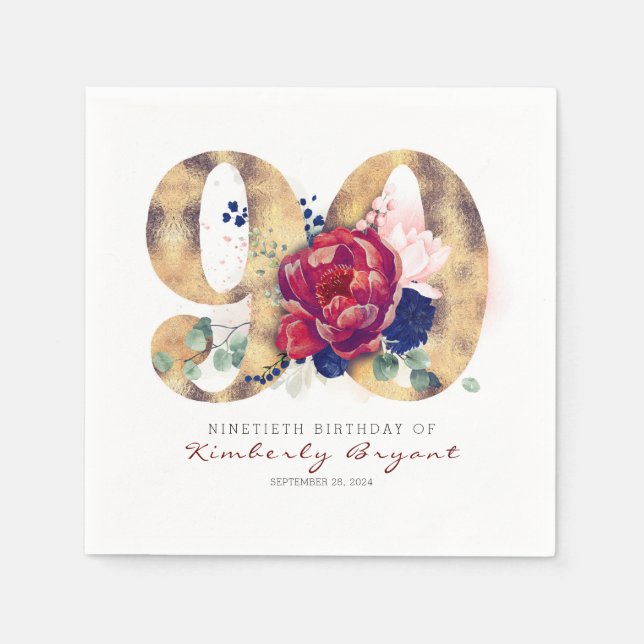 Burgundy Flowers and Gold Typography 90th Birthday Napkin (Front)