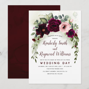 Burgundy Flowers and Greenery Garland Wedding Invitation
