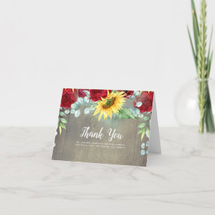 Burgundy Flowers and Sunflower Wedding Thank You Card