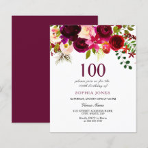 Burgundy Flowers Budget 100th Birthday Invitation