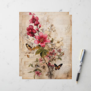 Burgundy flowers collage on worn look bakground