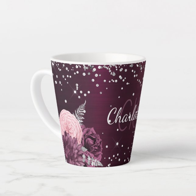 Burgundy flowers elegant monogram name latte mug (Left Angle)