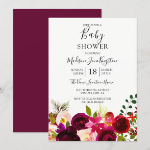 Burgundy Flowers Floral Boho Baby Shower Invitation
