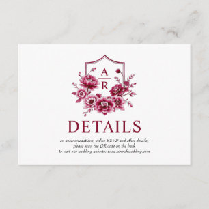 Burgundy flowers, floral crest wedding details QR Enclosure Card