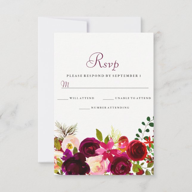 Burgundy Flowers Floral Elegant Wedding RSVP (Front)