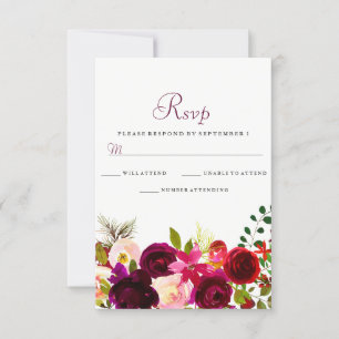 Burgundy Flowers Floral Elegant Wedding RSVP Card