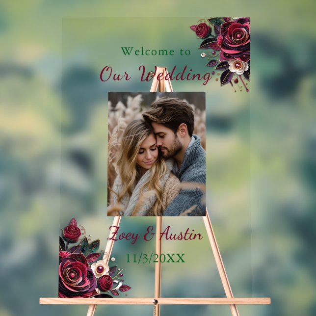 Burgundy Flowers, Foliage and Pearls Personalized  Acrylic Sign (Neutral)