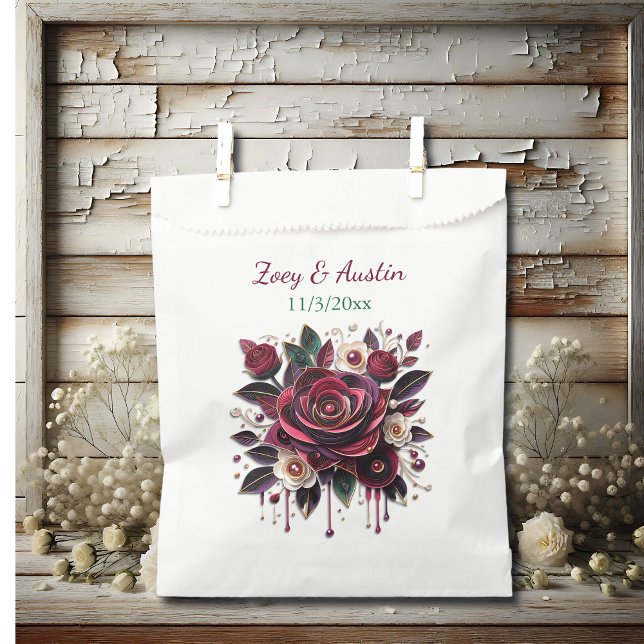 Burgundy Flowers, Foliage and Pearls Personalized Favour Bag (Creator Uploaded)