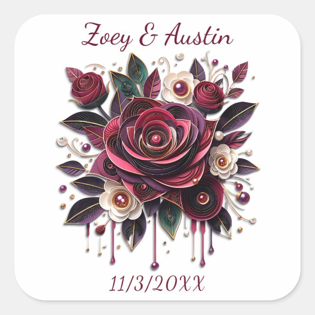 Burgundy Flowers, Foliage and Pearls Personalized  Square Sticker (Front)