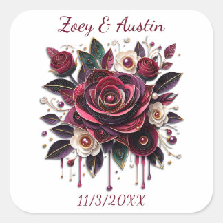 Burgundy Flowers, Foliage and Pearls Personalized Square Sticker