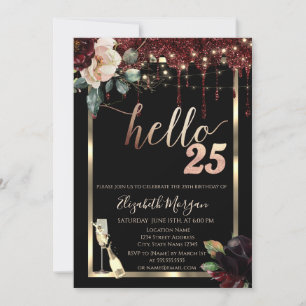 Burgundy Flowers,Frame,Champagne 25th Birthday Invitation
