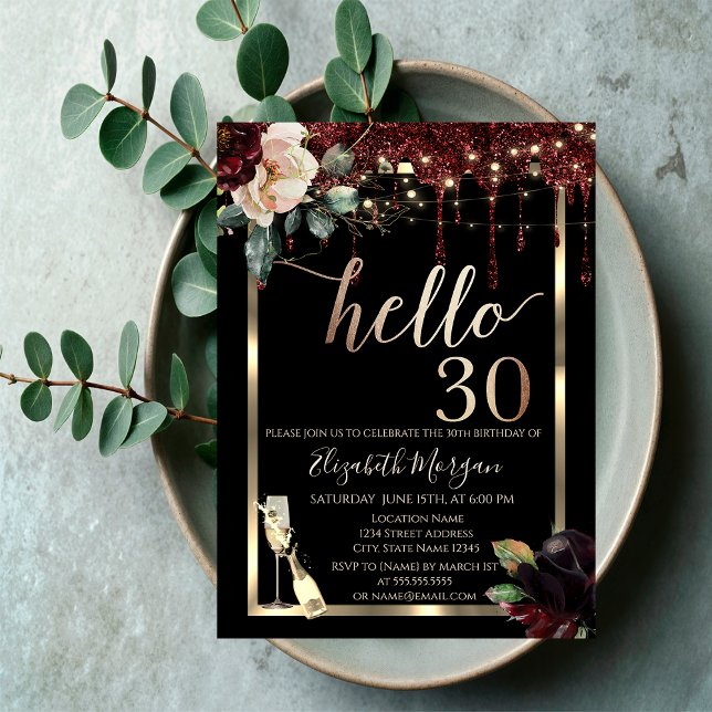 Burgundy Flowers,Frame,Champagne 30th Birthday Invitation (Creator Uploaded)