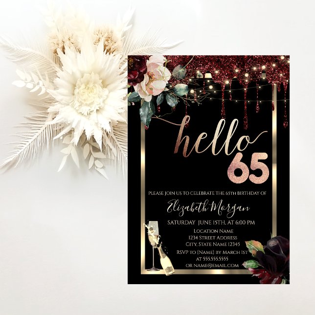Burgundy Flowers,Frame,Champagne 65th Birthday Invitation (Creator Uploaded)