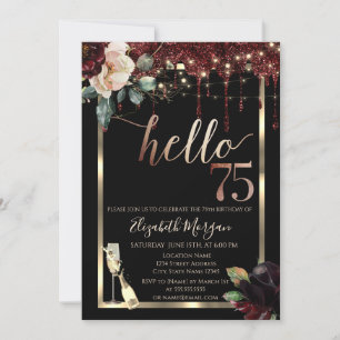 Burgundy Flowers,Frame,Champagne 75th Birthday Invitation
