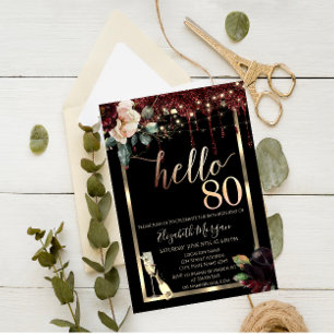 Burgundy Flowers,Frame,Champagne 80th Birthday Invitation