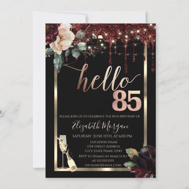 Burgundy Flowers,Frame,Champagne 85th Birthday Invitation (Front)