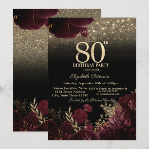 Burgundy Flowers Glitter Black 80thBirthday Invitation