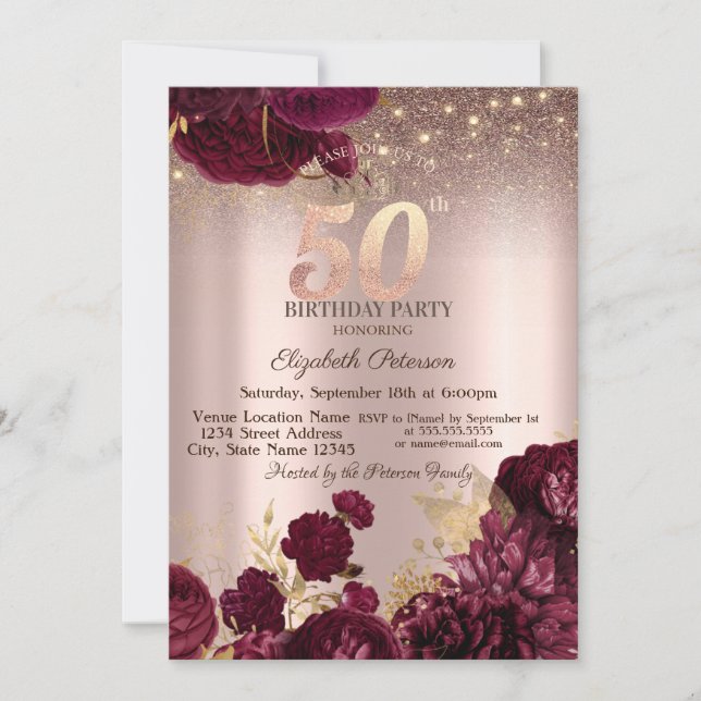  Burgundy Flowers Glitter Rose Gold 50thBirthday   Invitation (Front)