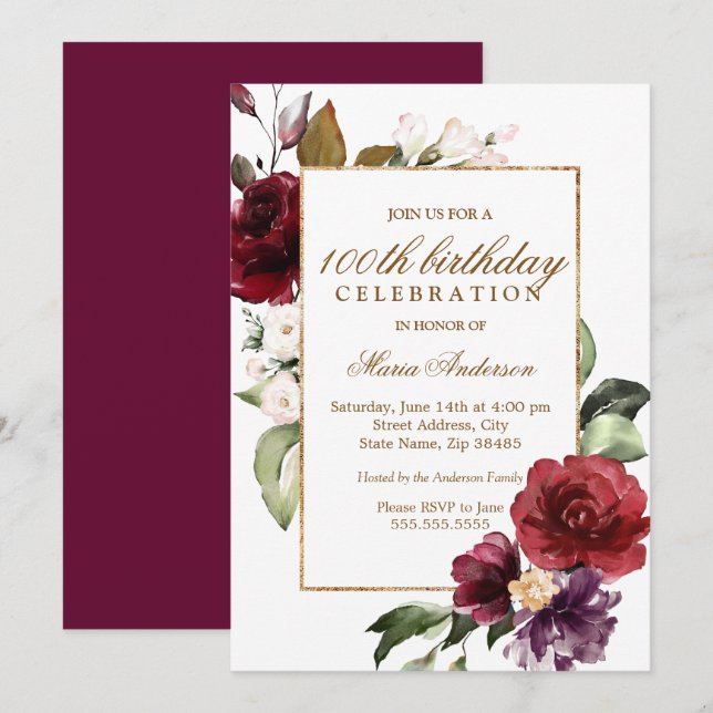 Burgundy Flowers Gold Border 100th Birthday Party Invitation (Front/Back)