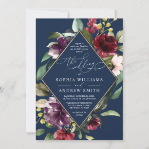 Burgundy Flowers & Gold Frame Navy Blue Wedding Invitation